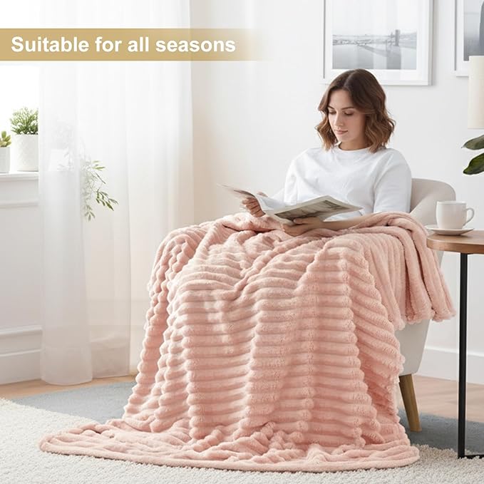 decorUhome Soft Fleece Pink Throw Blanket for Couch, Cozy Fluffy Plush Flannel Striped Blanket for Sofa Bed, Lightweight Decorative Ribbed Fuzzy Blanket for Woman, 50x60 Inches