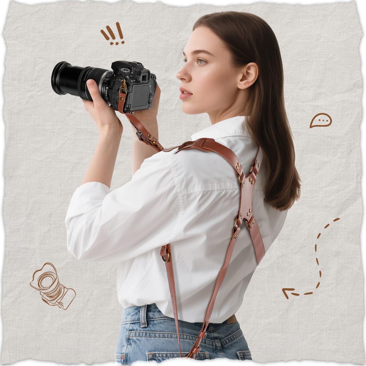 Jumyee Double Camera Harness Strap for 2 Cameras, Adjustable Shoulder Leather Camera Strap for Photographers, Professional Camera Harness for DSLR/SLR for Wedding, Wild, News(Brown Stitched)