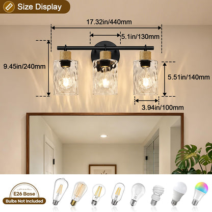 MOKATNG Bathroom Light Fixtures, 3-Light Coastal Vanity Lights with Crystal Glass Shade, Black Bathroom Wall Lamp for Mirror Kitchen Hallway Cabinet