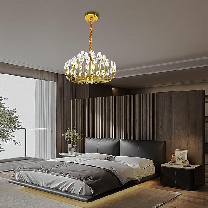 Modern Crystal Chandelier 48 Lights Luxury Gold Round Led Chandelier Dimmable Flush Mount Crystal Ceiling Light for Dining Room Living Room Entryway Foyer D23.63''