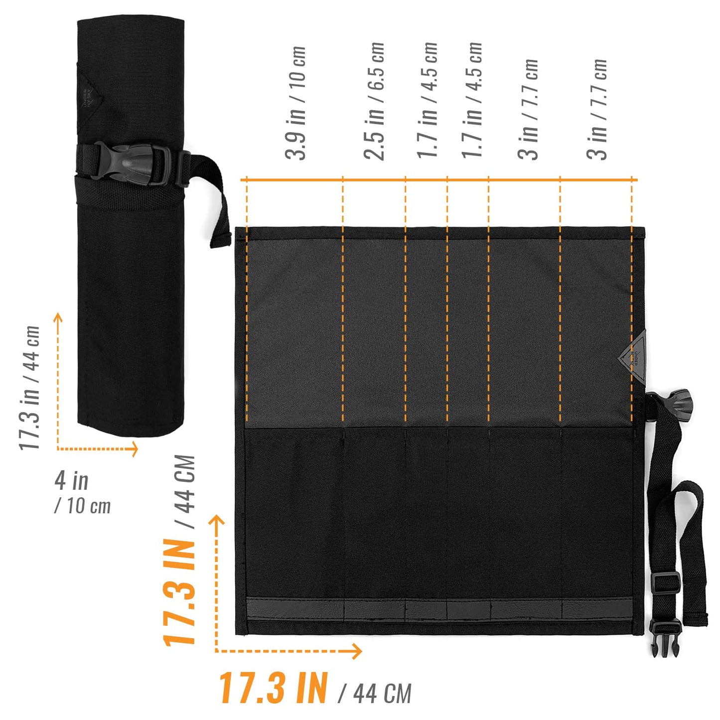 Under NY Sky Knife Roll Case - 6 Slots - Heavy Duty Oxford Canvas Pouch - Leather Reinforced - Portable Bag for Cooking Tools, Utensils, Cutlery Knives, Brushes - Chefs, Kitchen, Travel, Gift - Black