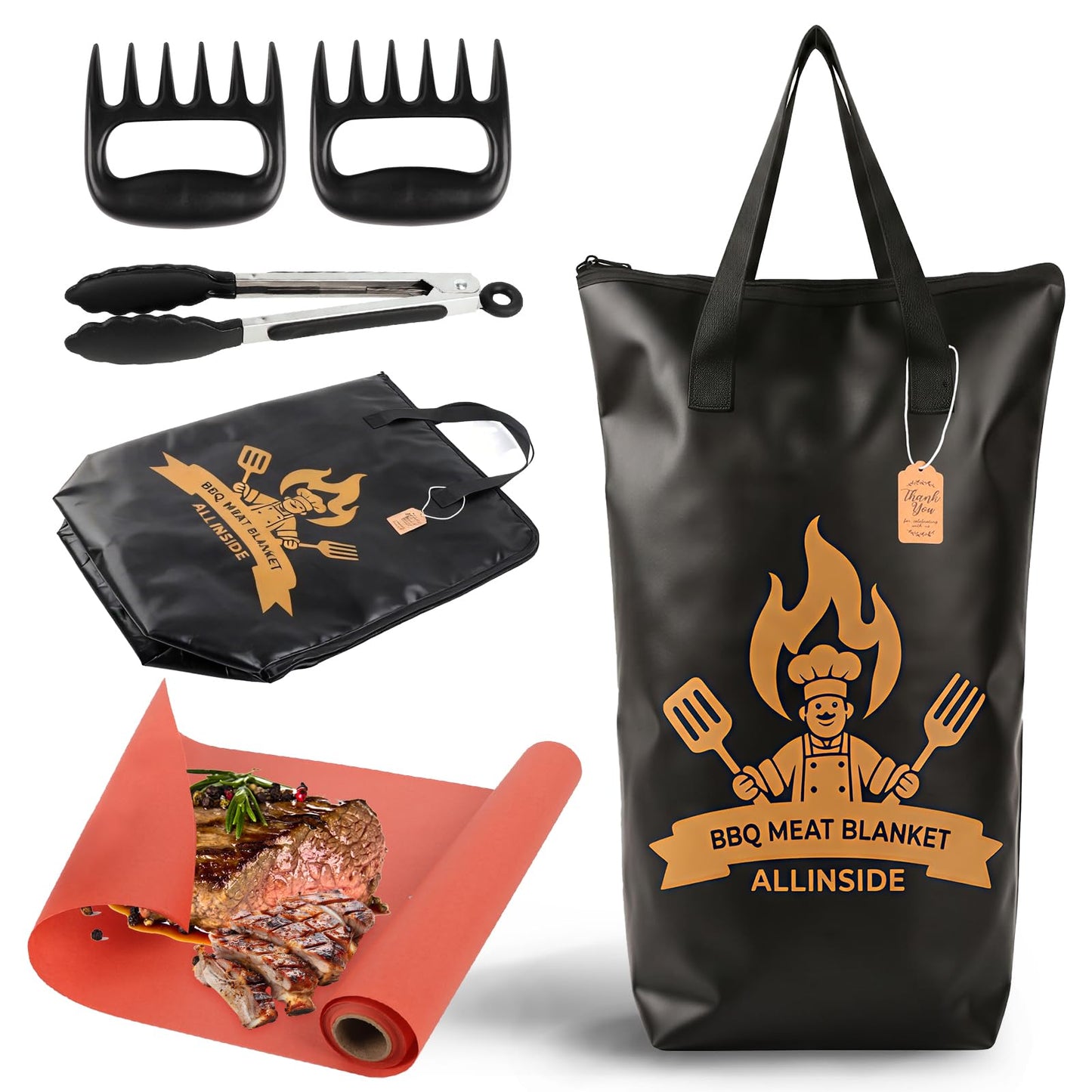 Allinside BBQ Blanket for Resting Meat - Extra Large Insulated Meat Resting Bag with Meat Shredder Claw, Grill Tongs, Butcher Paper, Greeting Card & Lanyard | Professional Grilling Kit for Smoker