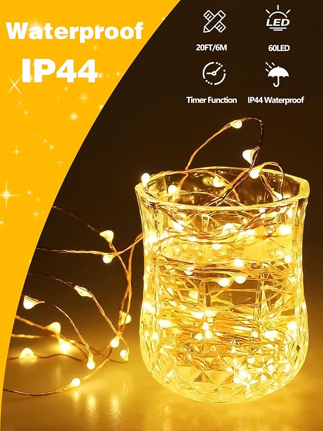 3 Pack 60LED Battery Operated Fairy Lights with Remote, 8 Modes LED String Lights with Timer, Dimmable, Memory Function, Waterproof Twinkle Fairy Lights for Outdoor Indoor Christmas Decor(Warm White)