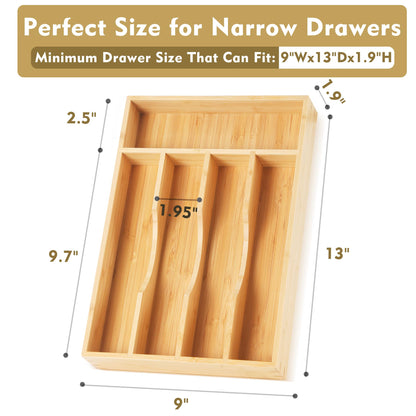 Bamboo Kitchen Drawer Organizer, 9 Inch Silverware Utensil Holder for Samll Drawer, Narrow Silverware Organizer for Cutlery Knives
