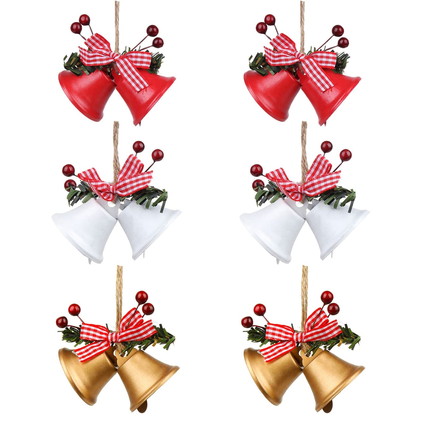 Christmas Jingle Bells Metal Decorative Bells Xmas Tree Ornaments for Wreath Holiday Crafts Rustic Home Hanging Decor Wind Chimes, Red White Gold (6 Pcs)