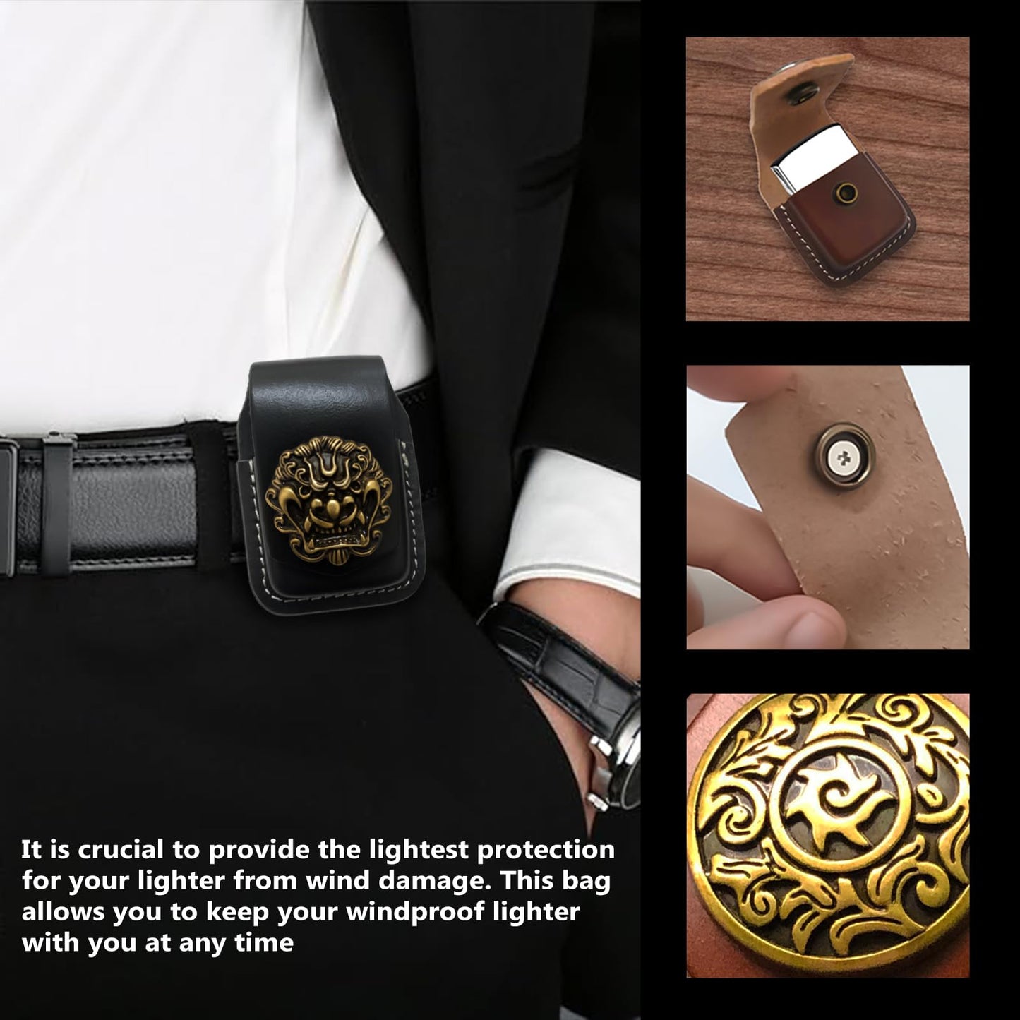Handcrafted Leather Lighter Case, Flip Top Leather Pouch with Metal Buckle, Handmade Flip top Lighter Pouch, Holder Case with Pocket Belt Loop,Black I