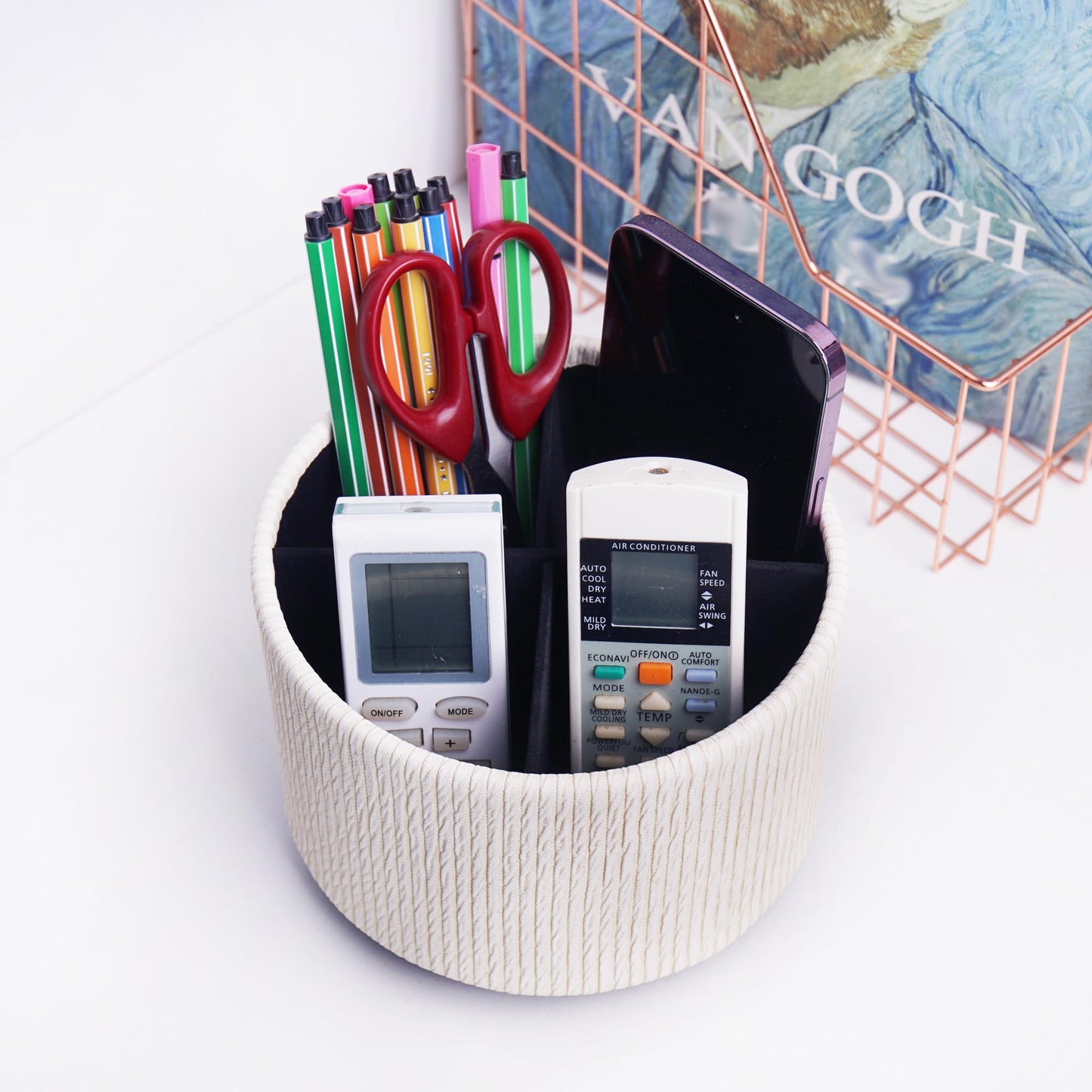 Lvkjafaz Round Leather Art Supply Organizer,Remote Control Holder,360 Degree Spinning,Multi-Functional Pencil Holder,4 Compartments Desktop Stationary Organizer(1-Wood Beige)