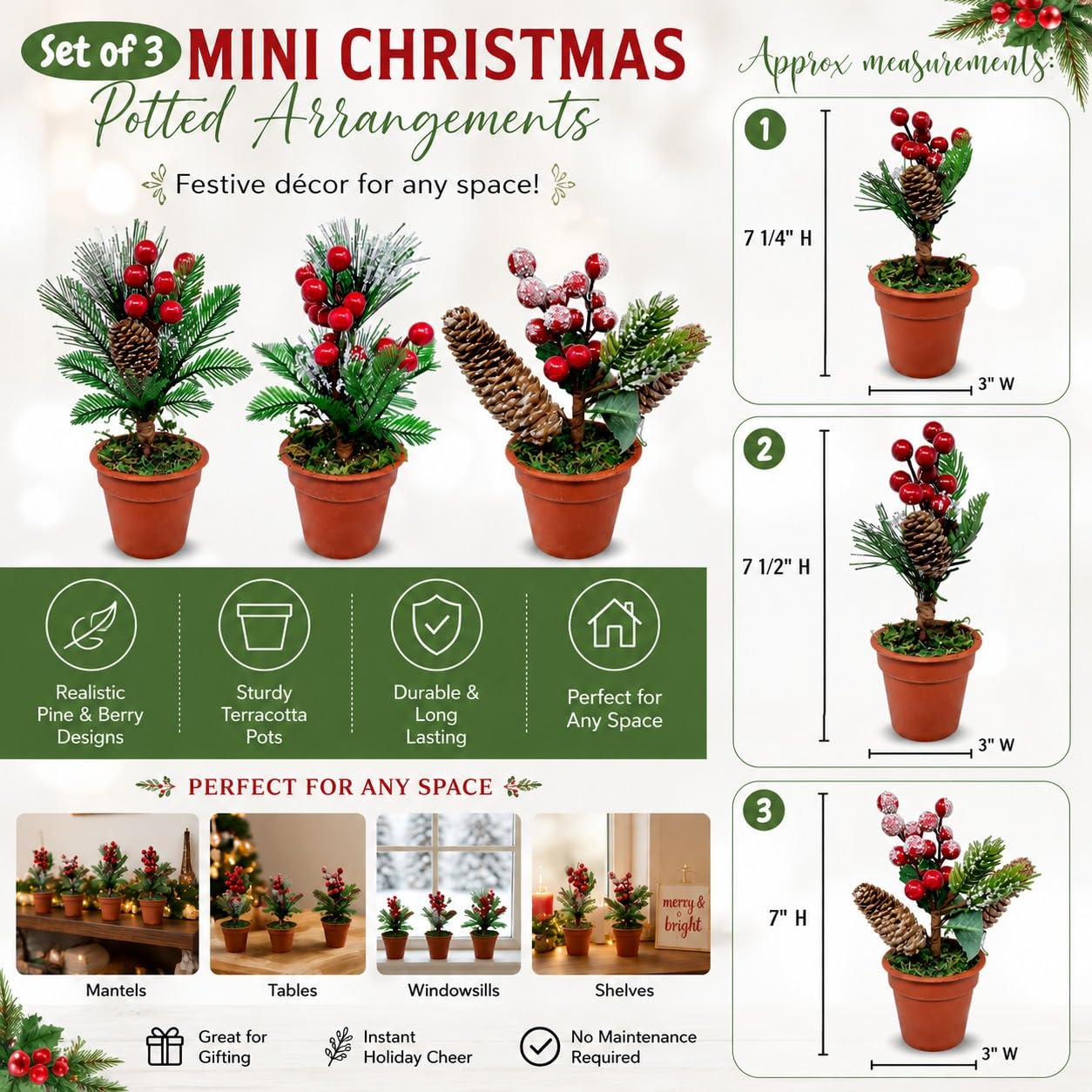 Christmas Tabletop Decorative Pots Set of 3 – Snow Flocked Pine Greenery with Red Berries & Pine Cones – Rustic Farmhouse Xmas Holiday Centerpiece Decor – 7.5 Inch Tall Winter Decorations for Home