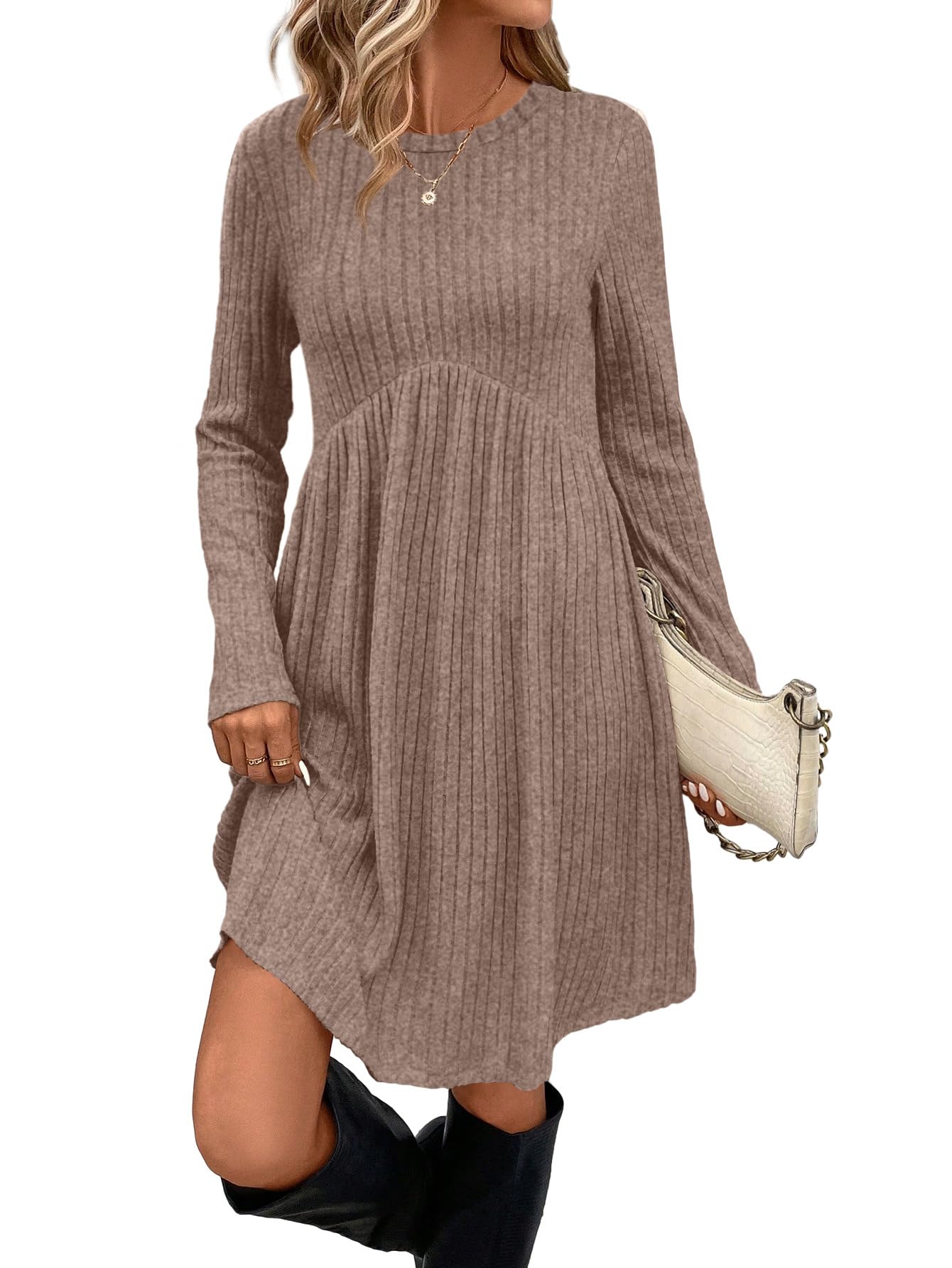 OFEEFAN Long Sleeve Dress for Women Crew Neck Empire Waist Tunic Dress with Pockets
