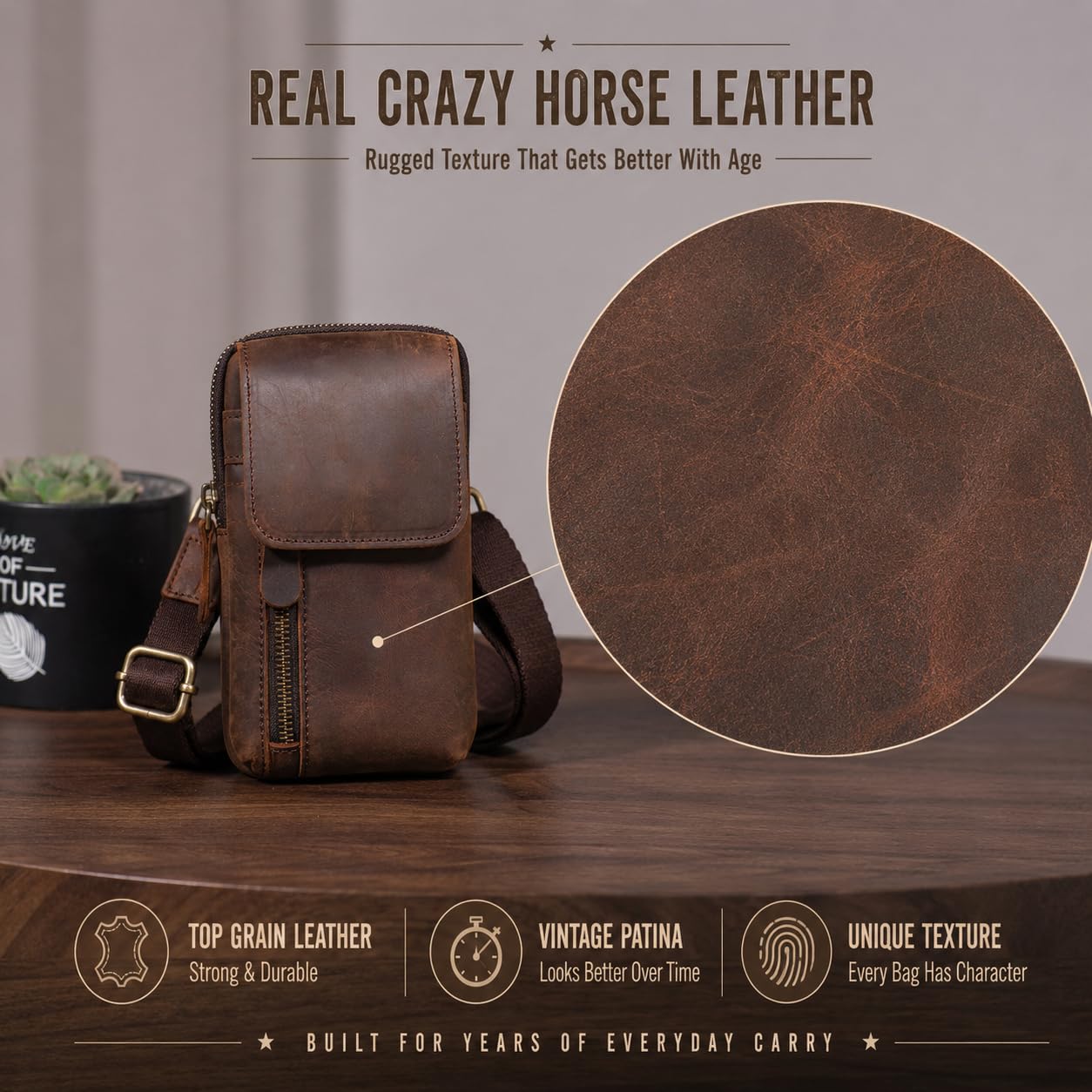 Hengwin Top Grain Crazy Horse Leather Phone Holster Waist Pouch with Belt Clip Belt Loop Shoulder Strap, Mini Crossbody Cell Phone Purse for Men, Belt Bag for Travel, Outdoor, Daily Use (Coffee)