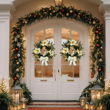 22 Inch Pre-Lit Artificial Christmas Wreath with White Artificial Poinsettia Flowers Jesus Figurine Nativity Scene Glitter Ball Ornaments PineCones Berries for Christmas Decor Front Door