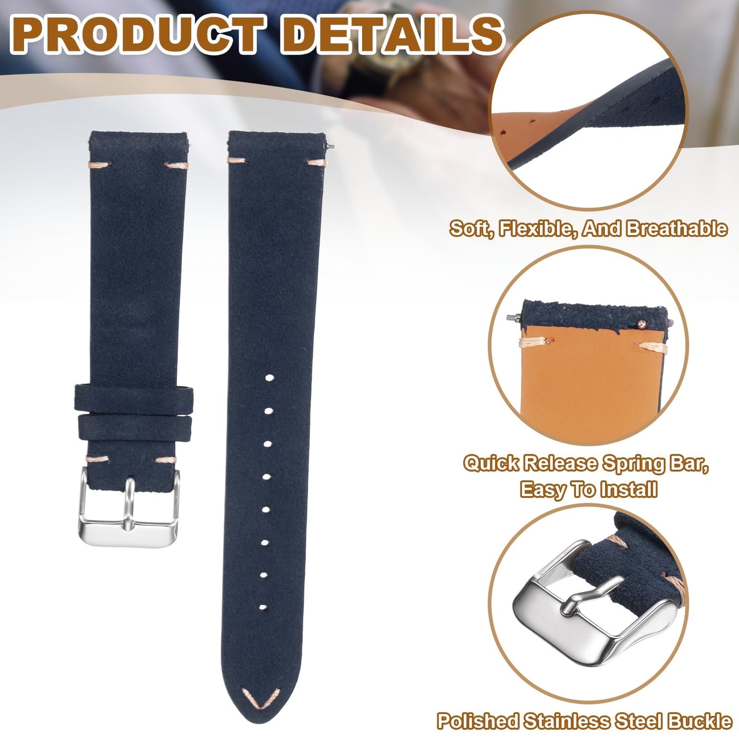 HARFINGTON Leather Watch Band 21mm Width Watch Strap Top-Grain Suede Cowhide Wrist Bands Replacement with Stainless Steel Buckle for Men Women, Dark Blue