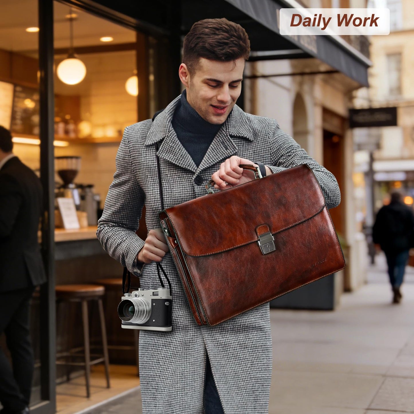 Banuce Italian Full Grain Leather Briefcase for Men Fits 15.6 Inch Laptop Office Work with Anti-theft Lock and Luggage Strap for Business Travel Brown