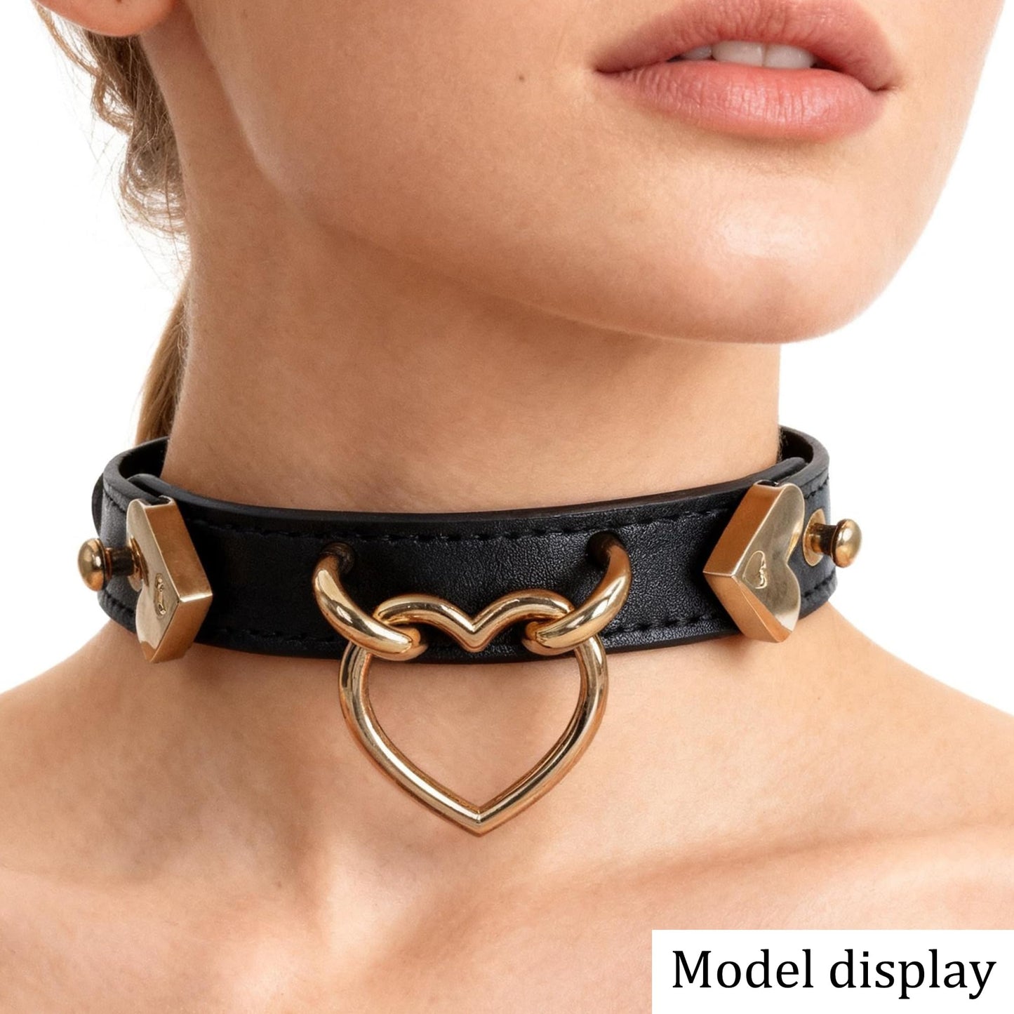 EverGlimp Handmade Leather O-Ring Choker Necklace for Women - Adjustable Punk Gothic Collar with Gold-Tone Accents (Black-Heart)