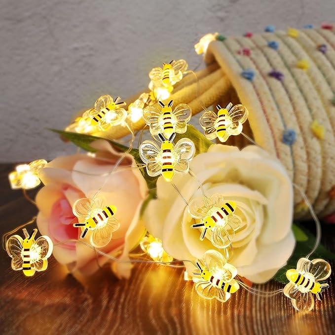 Bee Decor String Lights 10Ft 30 Led Battery Operated Bee Bumble Whimsical Decor Bee Decorations Honey Bee Gifts for DIY, Home, Classroom, Birthday, Kids Room, Garden, Wedding, Party