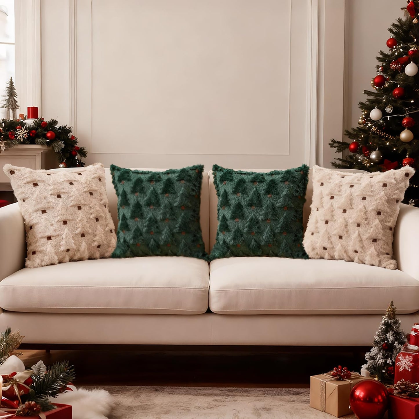 HDVUHKI Christmas Throw Pillow Covers 18x18 inch Set of 4, Beige and Green Xmas Tree Holiday Winter Living Room Soft Fluffy Plush Faux Fur Wool Decorations for Sofa Couch Bed