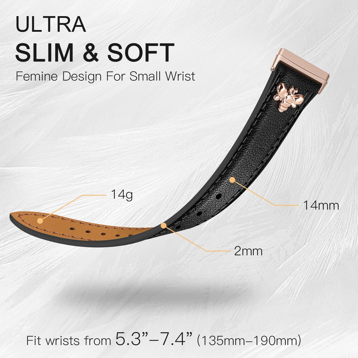 JR.DM Slim Leather Bands Compatible with Fitbit Versa 4/Versa 3/Sense 2/Sense Band, Top Genuine Soft Leather Band with Charms, Feminine Designer Strap for Fitbit Smartwatch, Black Rose Gold
