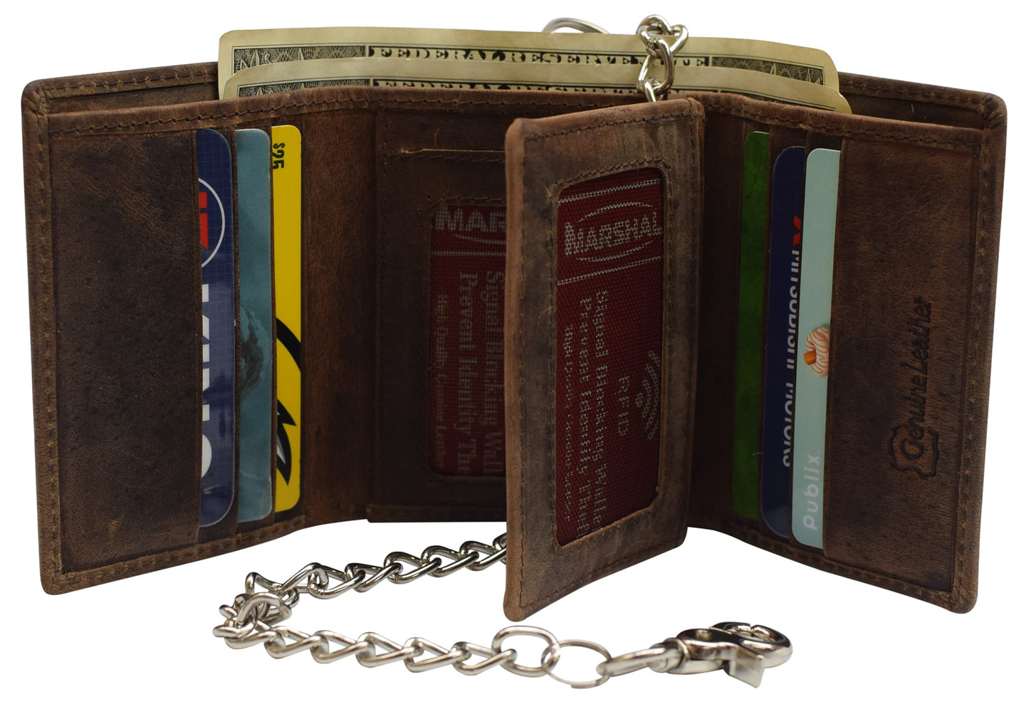 RFID Blocking Mens Chain Biker Vintage Genuine Leather Classic Trifold Wallet (Brown with Chain)