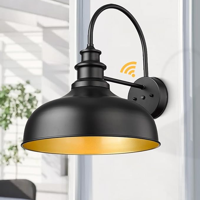 Bestshared 16 Inch Dome Large Dusk to Dawn Sensor Gooseneck Barn Light Farmhouse Outdoor Wall Sconce Industrial Exterior Wall Lighting Fixture, Outside Lantern Garage Lamp (Black+Gold,16” Dome-1Pack)