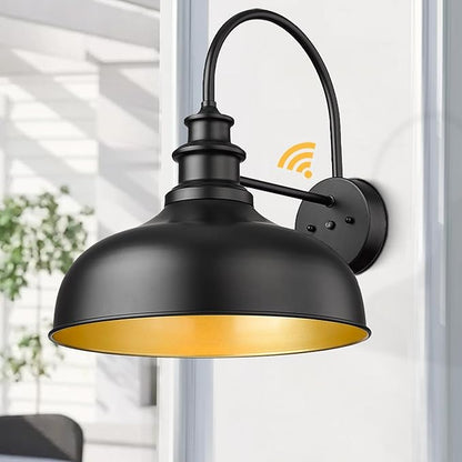 Bestshared 16 Inch Dome Large Dusk to Dawn Sensor Gooseneck Barn Light Farmhouse Outdoor Wall Sconce Industrial Exterior Wall Lighting Fixture, Outside Lantern Garage Lamp (Black+Gold,16” Dome-1Pack)