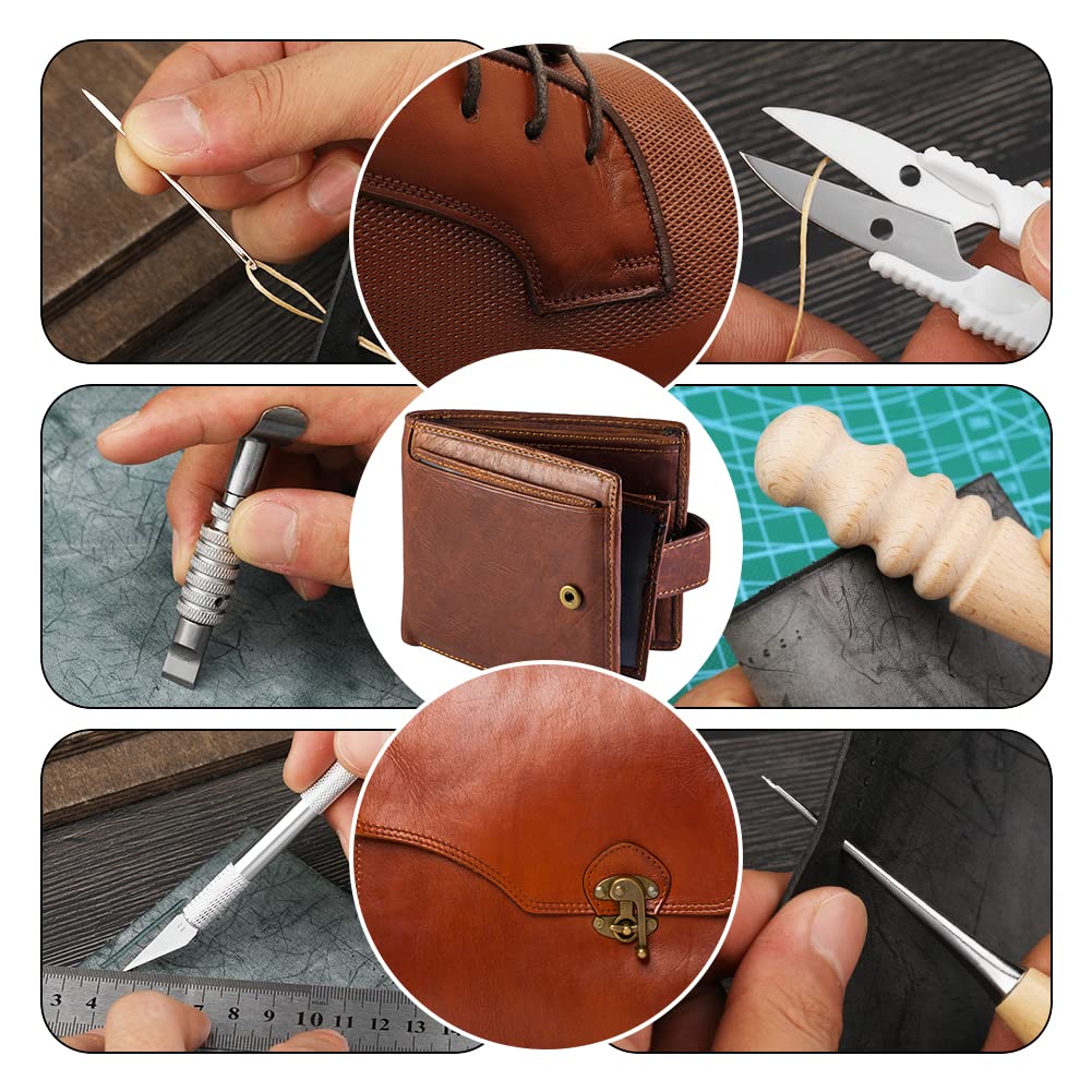 Leather Craft Tools, 60 Pieces Leather Working Tools and Supplies with Storage Bag Cutting Mat Prong Punch Groover Edge Creaser Stamping Carving Knife Awl Hammer for Craft Making DIY Sewing