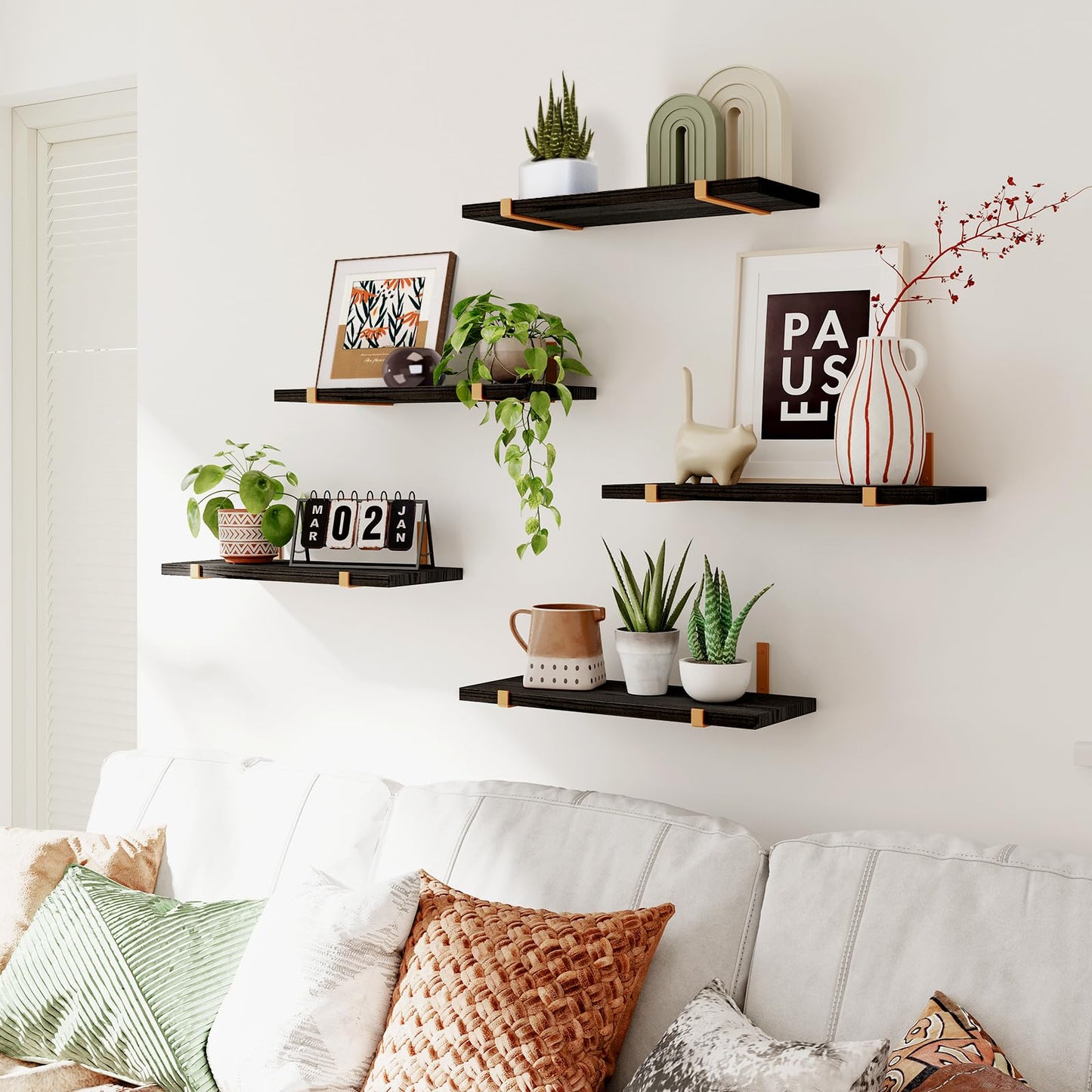 Fixwal Floating Black Gold Shelves Set of 5, Width 4.7 Inches, Rustic Wood Wall Storage Shelves for Bedroom, Living Room, Kitchen, Bathroom, Home Decor, Laundry Room, Office and Plants