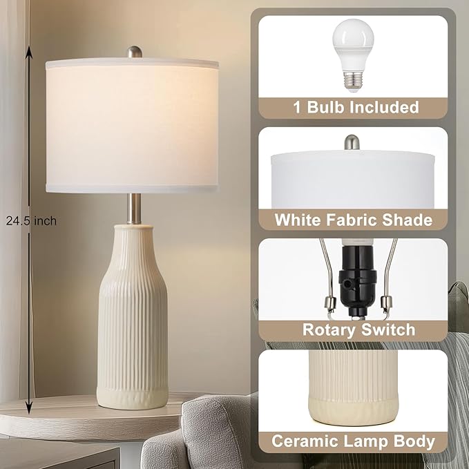 24.5" Modern Ceramic Table Lamp for Nightstand, Farmhouse Bedside Lamp for Bedroom, Small Table Lamps for Living Room End Table, Beige (1 Pack)