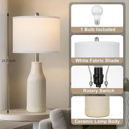 24.5" Modern Ceramic Table Lamp for Nightstand, Farmhouse Bedside Lamp for Bedroom, Small Table Lamps for Living Room End Table, Beige (1 Pack)