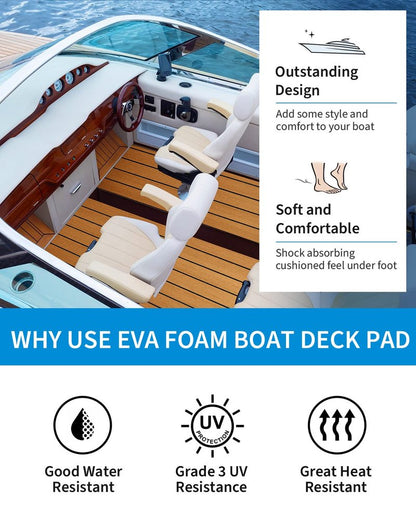 OCEANBROAD Self-Adhesive 48''x16.8'' Boat Flooring with 3M Adhesive Backing EVA Foam Boat Decking Faux Teak Marine Non-Slip Sheet for Jon Motor Boats Yacht Helm Pad Floor, Brown with Black Seam Lines