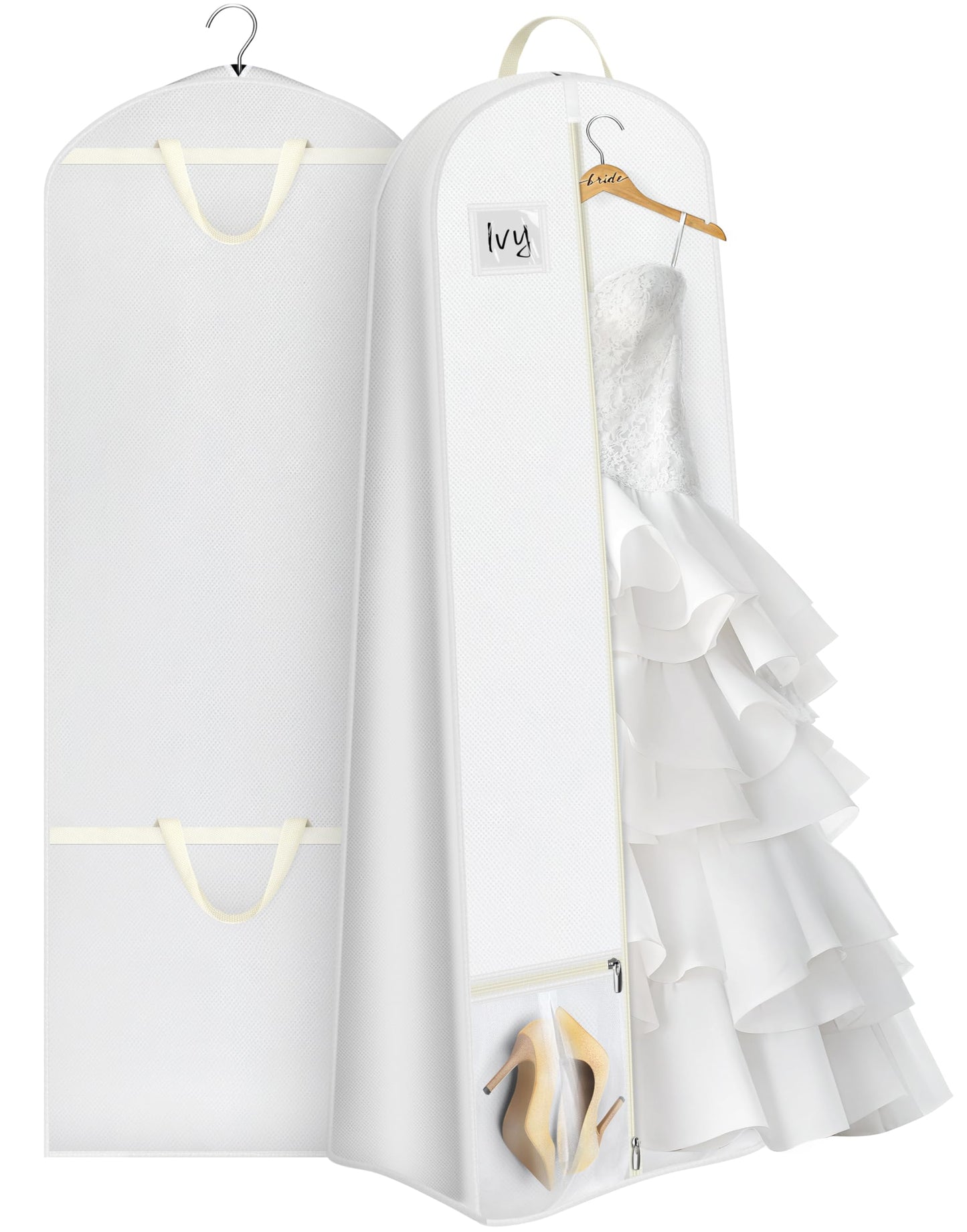 KIMBORA 72” Wedding Dress Garment Bag with 15” Gusset Bridal Dress Bags for Gowns Long Storage and Travel Large Mesh Pockets Hanging Garment Cover for Women, White