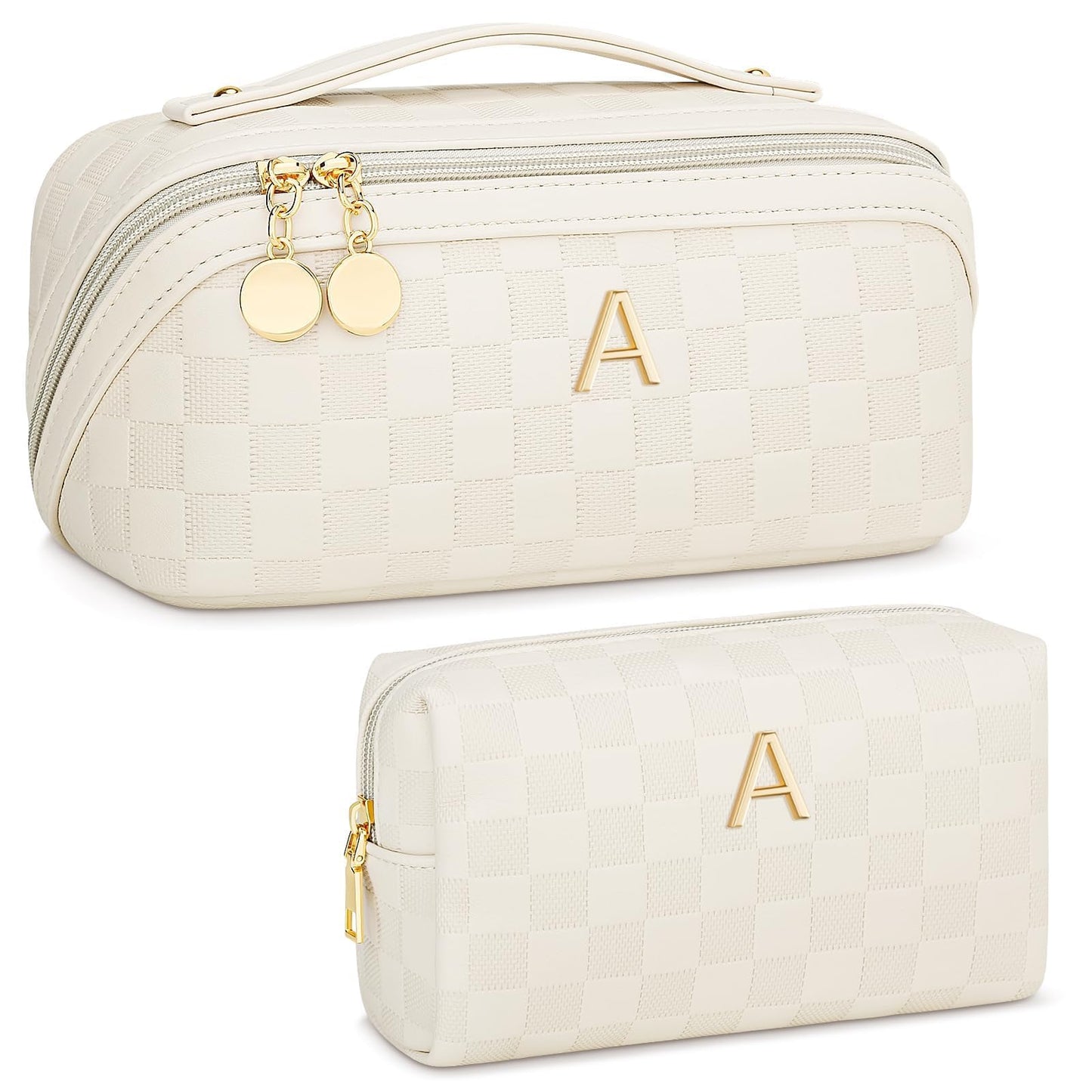 CLOUDWINGS Personalized Birthday Gifts for Women - Initial Makeup Bag Waterproof Travel Makeup Organizer with Compartments PU Leather Cosmetic Travel Toiletry Bag (CheckeredBeige,A)