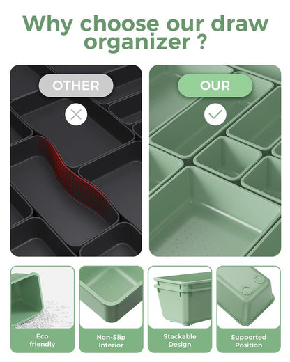 BiuLeon 25 PCS Plastic Drawer Organizers Set, 4-Sizes Vanity and Makeup Organizer, Desk and bathroom Drawer Organizer Trays, Organizers and Storage for Makeup, Jewelry, Gadgets, Utensils (Green)