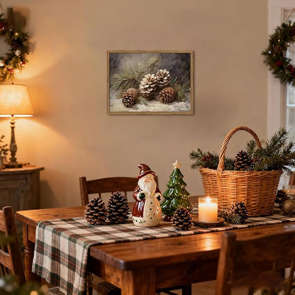 Framed Vintage Christmas Canvas Wall Art, Pine Cones Wall Decor Paintings, Winter Holiday Aesthetic Pictures Prints Rustic Home Decor for Living Room Bedroom Farmhouse 16×24 inch