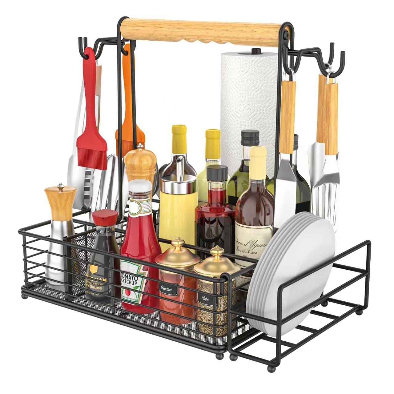 Toncoke Large Grill Caddy with Paper Towel Holder & Side Hooks, All-in-One BBQ Tool Organizer with Adjustable Dividers, Rustproof for Outdoor Kitchen, Camping, RV - Black