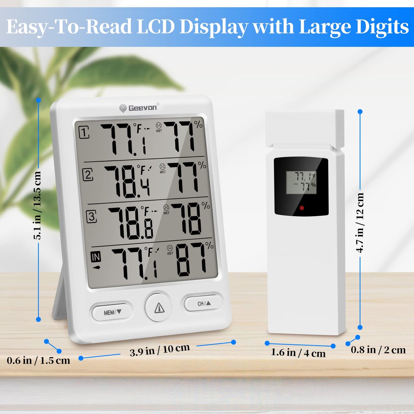 Geevon Indoor Outdoor Thermometer Wireless with 3 Remote Sensors, Digital Hygrometer Thermometer, Wireless Temperature Humidity Monitor Gauge with 200FT/60M Range (Black)