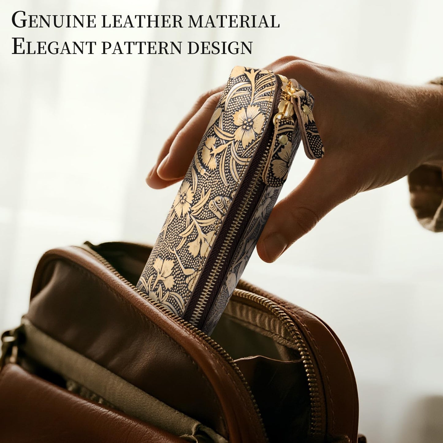 Gexmil Genuine Leather Pen Case, Full Grain Leather Pencil Holder, Hand-made Stationery Bag for Work & Office, Vintage Style, Butterfly Grey