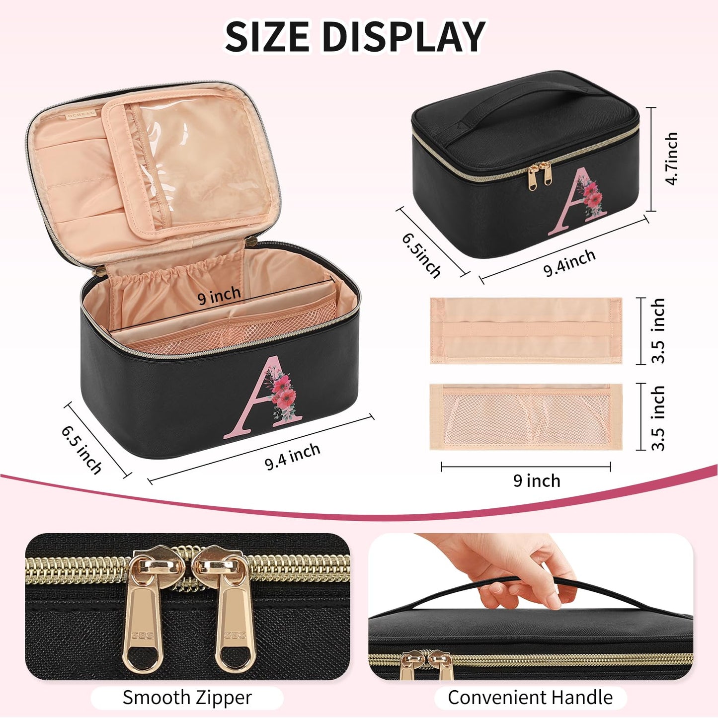 OCHEAL Initial Makeup Bag,Monogram Make up Bag Black Travel Makeup Organizer Case Beauty Toiletry Cosmetic Bag with Brush Holder, Trendy Stuff Personalized Gifts for Women and Girls-A