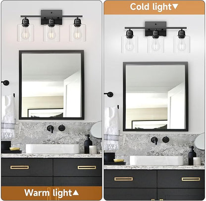 Modern 3 Light Bathroom Light Fixtures, 19 inch Black Vanity Lights for Bathroom with Clear Glass for Mirror Kitchen Living Room Hallway Cabinet Porch