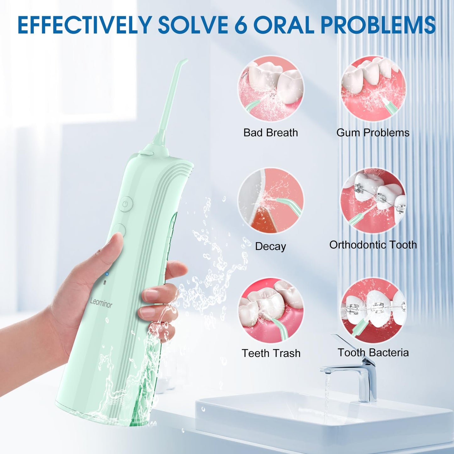 Leominor Water Dental Flosser - 5 Modes Cordless Portable Oral Irrigator, IPX7 Waterproof, Rechargeable Teeth Cleaner Upgrade Datchable Tank Professional Flossing Cleaning Pick for Home Travel (Black)