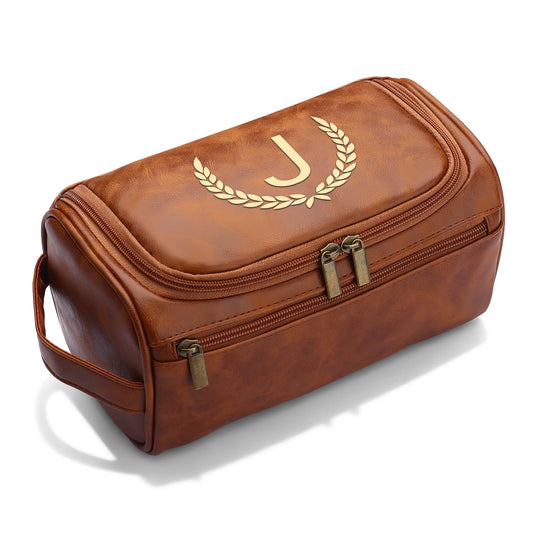 OXYEFEI Personalized Toiletry Bag for Men,Personalized Gifts for Men,Engraved Initial PU Leather Mens Toiletry Travel Shaving Travel Essentials Toiletries Bag for Him Birthday (J, Light Brown)