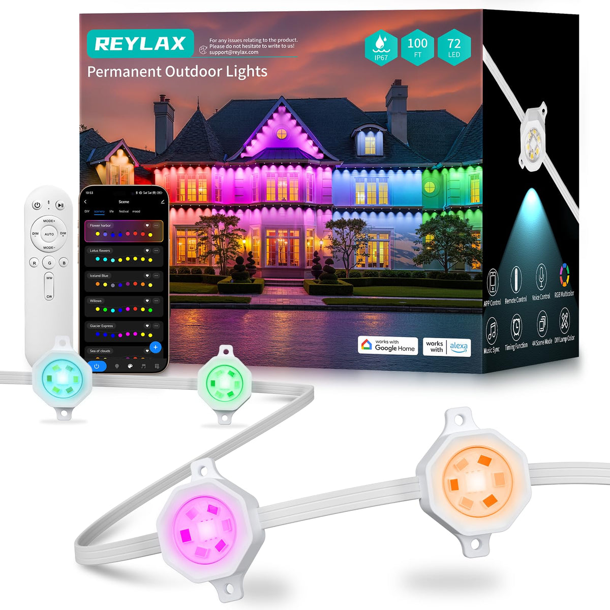 REYLAX Permanent Outdoor Lights Pro, 100ft with 72 Triple-LED 135lm, RGB+IC Smart Eaves Christmas Lights for House, IP67 Waterproof, Multi Scenes for Outdoor Decor, Works with Alexa, Google, Remote