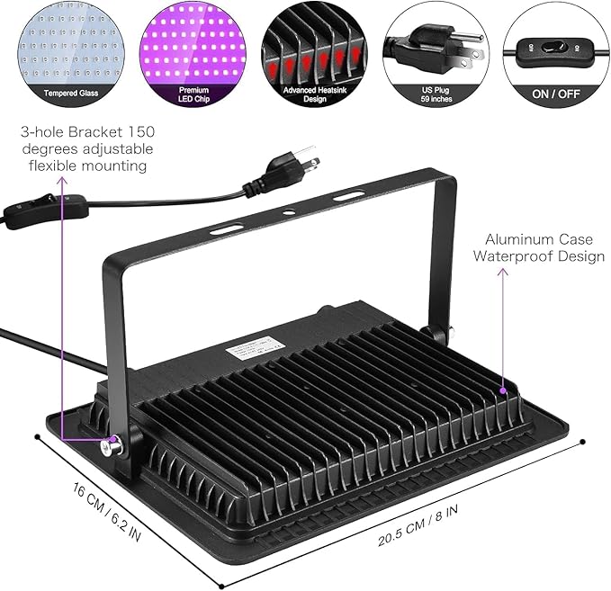 4 Pack 150W LED Black Lights, Blacklight Flood Light Outdoor with Plug and Switch, IP66 Waterproof for Dance Party, Glow in The Dark, Halloween Lights, Body Paint, Fluorescent Poster