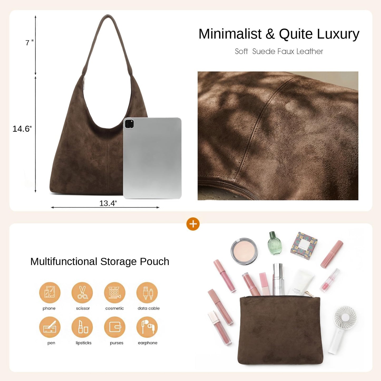 Slouchy Suede Hobo bag for Women Casual Shoulder Bag Soft Cresent Tote Purse Handbag Work Travel