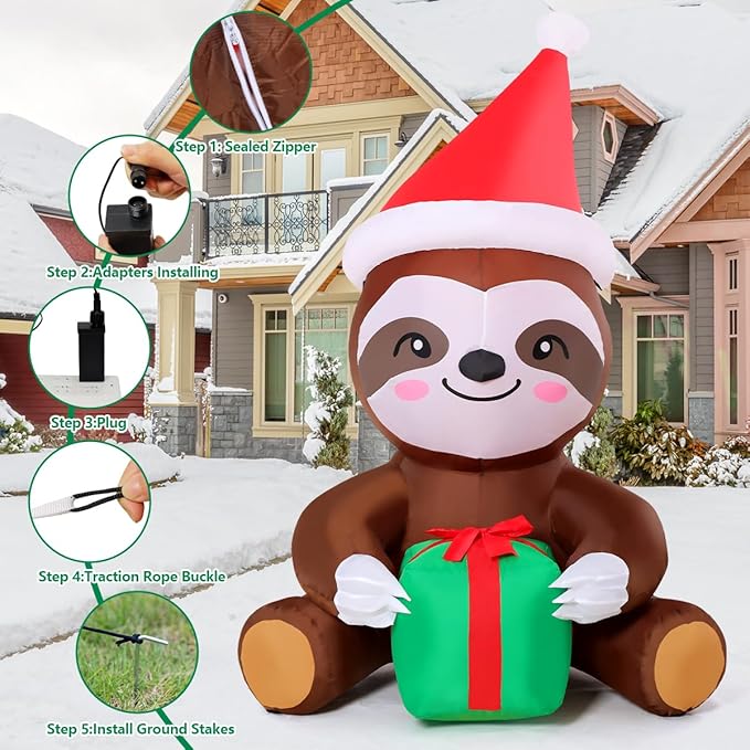 COMIN 5.9 FT Christmas Inflatables Outdoor Decorations Inflatable Sloth Holding Present Box Blow ups with Built-in LEDs for Yard Party Lawn Decor