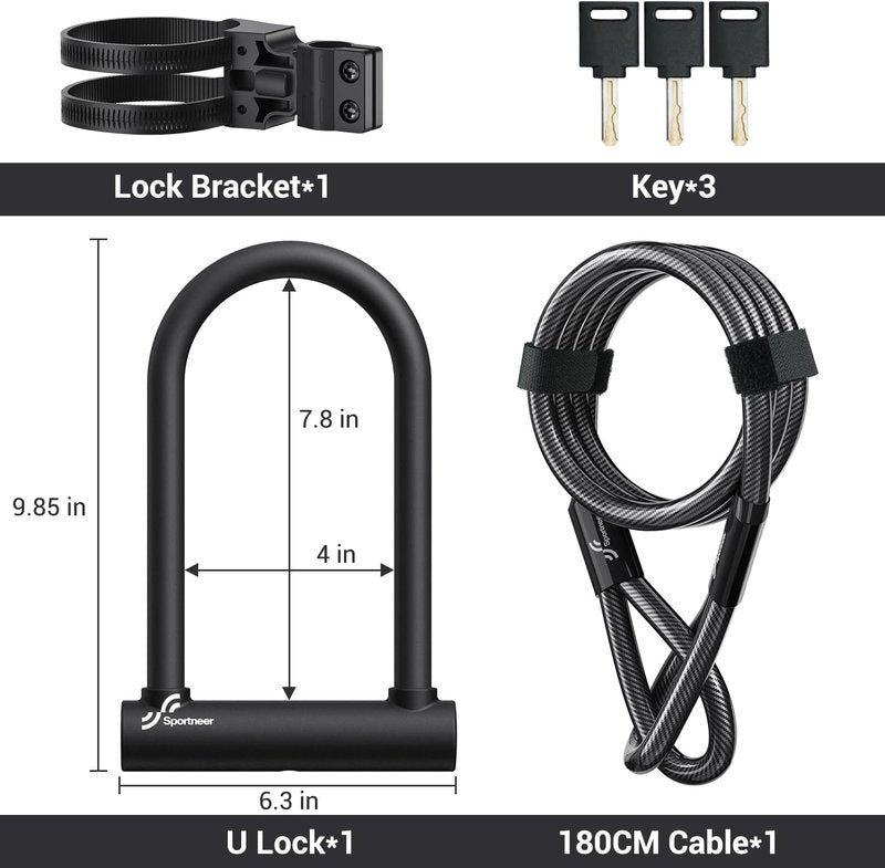 Sportneer Bike U Lock - Heavy Duty 18mm Shackle with 6ft Security Cable | Fits Road, Mountain & Electric Bikes, 9.85''x6.3''