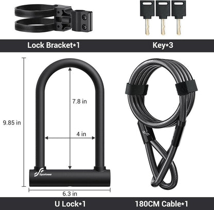 Sportneer Bike U Lock - Heavy Duty 18mm Shackle with 6ft Security Cable | Fits Road, Mountain & Electric Bikes, 9.85''x6.3''
