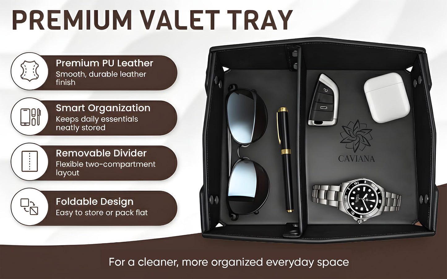 CAVIANA Valet Tray Organizer for Men & Women - PU Leather Catch All Tray with Removable Divider - EDC Storage for Keys, Watch, Phone - Nightstand, Dresser & Desk Organizer - Obsidian Black