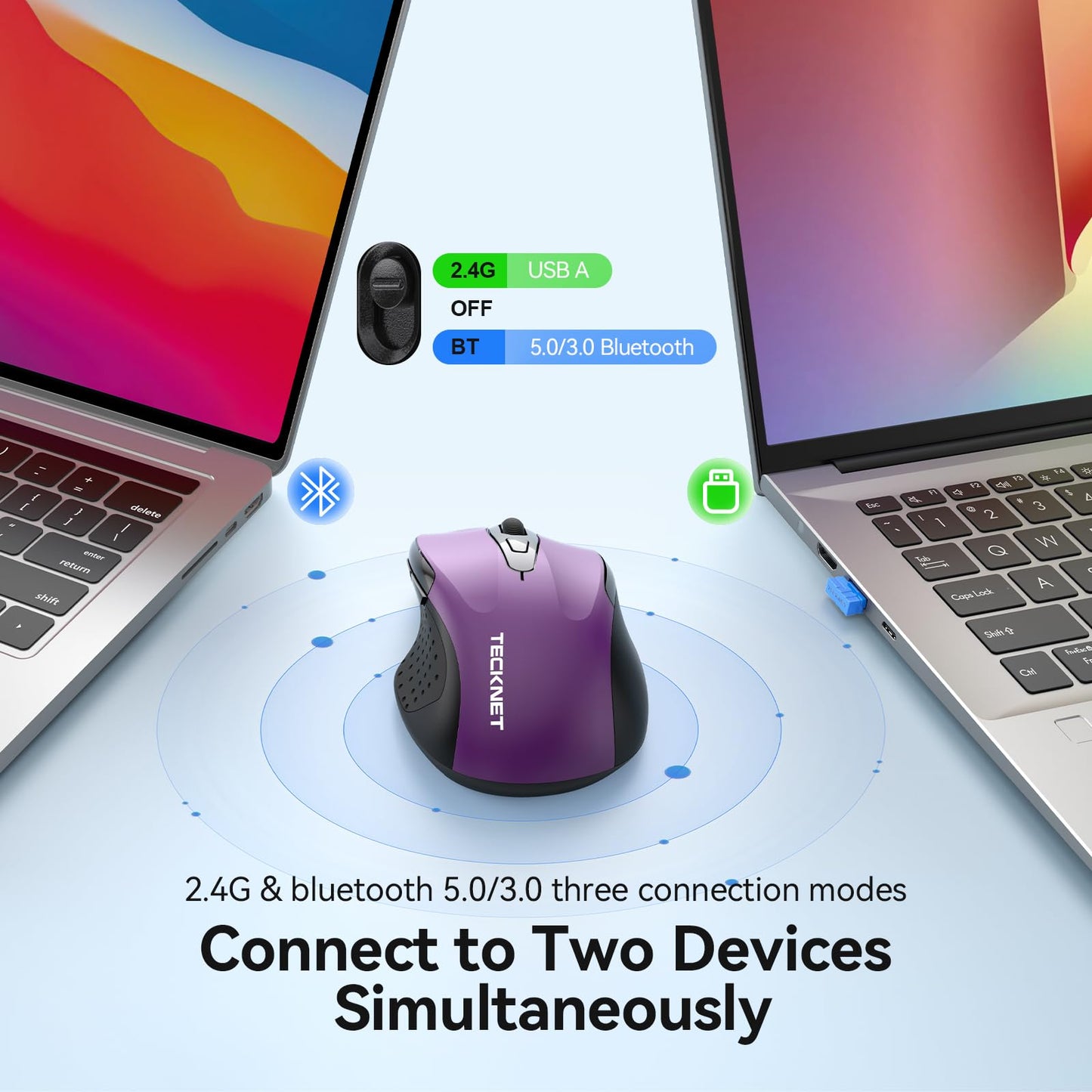 TECKNET Rechargeable Jiggler Wireless Mouse (BT5.0/3.0 & 2.4G) 4800 DPI Silent USB A & Bluetooth Mouse 6 Buttons, Wide Compatibility - Black