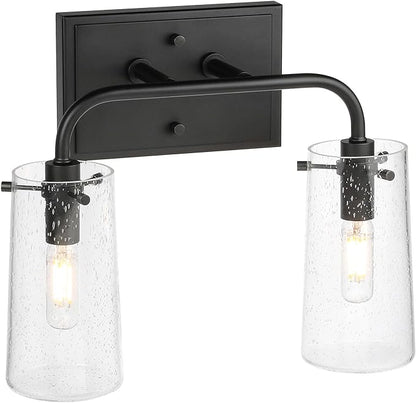 XiNBEi Lighting Bathroom Light Fixtures, Modern 2 Light Vanity Lights with Seeded Glass Matte Black Bath Wall Mount Fixture Over Mirror XB-W1283-2-MB