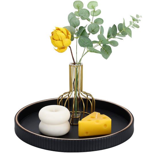 GORESE 12" Decorative Tray for Home Decor, Round PU Leather Coffee Table Tray Table Centerpiece for Living Room, Dresser, Vanity, Valet Tray Nightstand Organizer for Trinket Perfume Key, Black